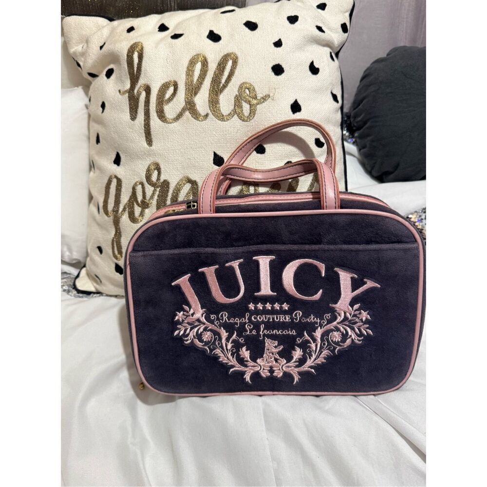 Y2k Juicy Couture Velour Makeup Cosmetic Organizer Bag Case Purple Pink Terry